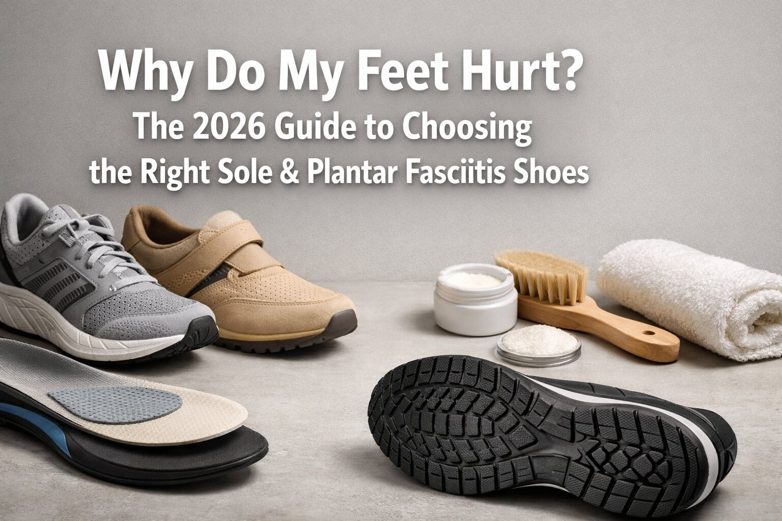 Cut-in-half view of an orthopedic shoe showing firm heel counter and arch support for plantar fasciitis relief.