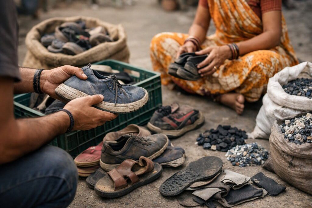 A pair of worn-out running shoes placed next to a recycling symbol, illustrating how to recycle old shoes in India.