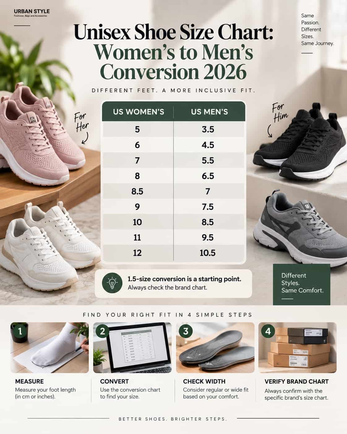 Unisex shoe size chart comparing women's and men's US sneaker sizes
