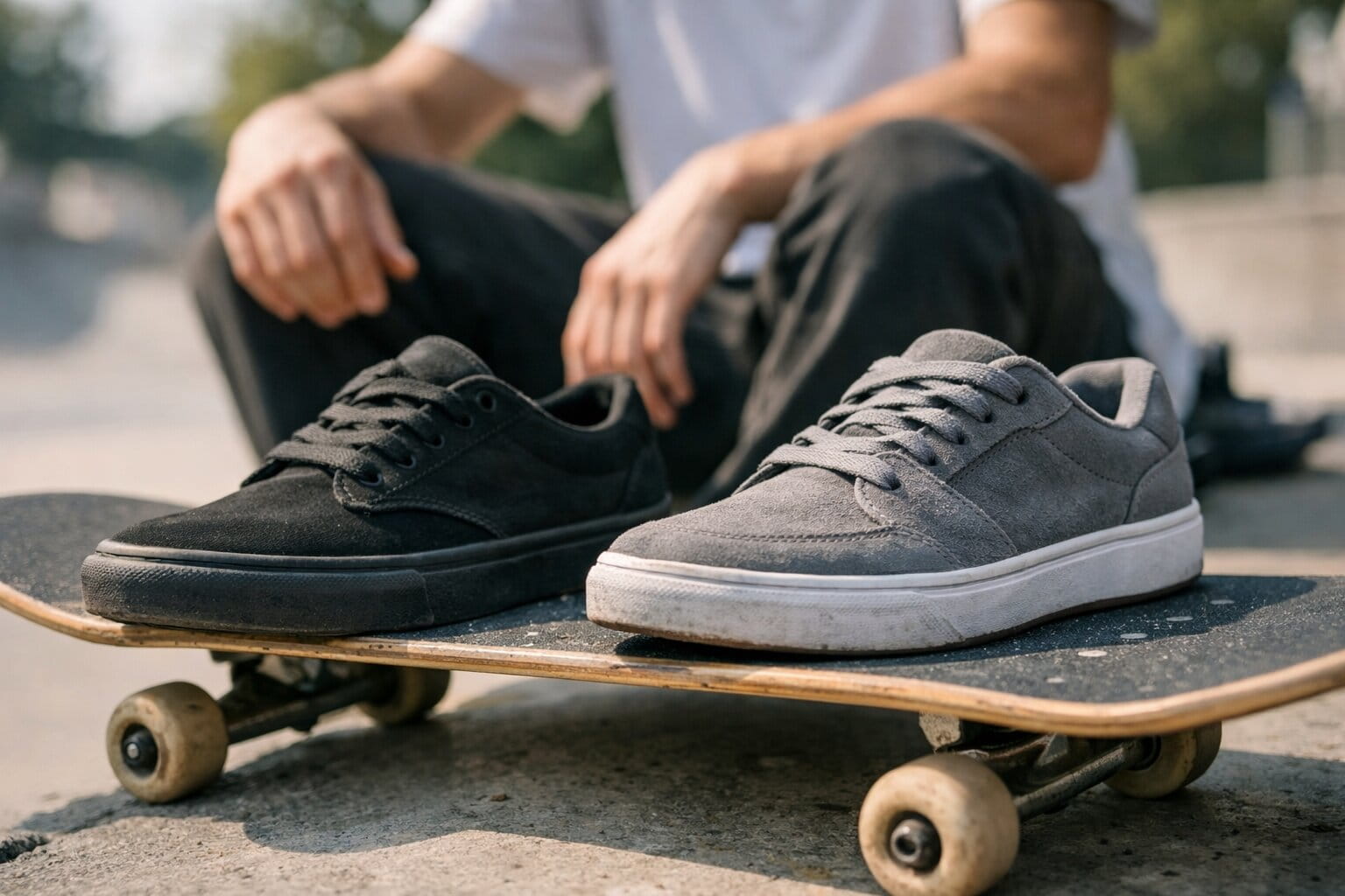 A side-by-side comparison showing the flexible sole of a vulcanized skate shoe versus the thick, supportive base of a cupsole sneaker.