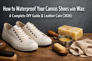 How to Waterproof Your Canvas Shoes with Wax: A Complete DIY Guide & Leather Care (2026) 25 A pair of canvas sneakers being waterproofed using a block of beeswax and a hairdryer