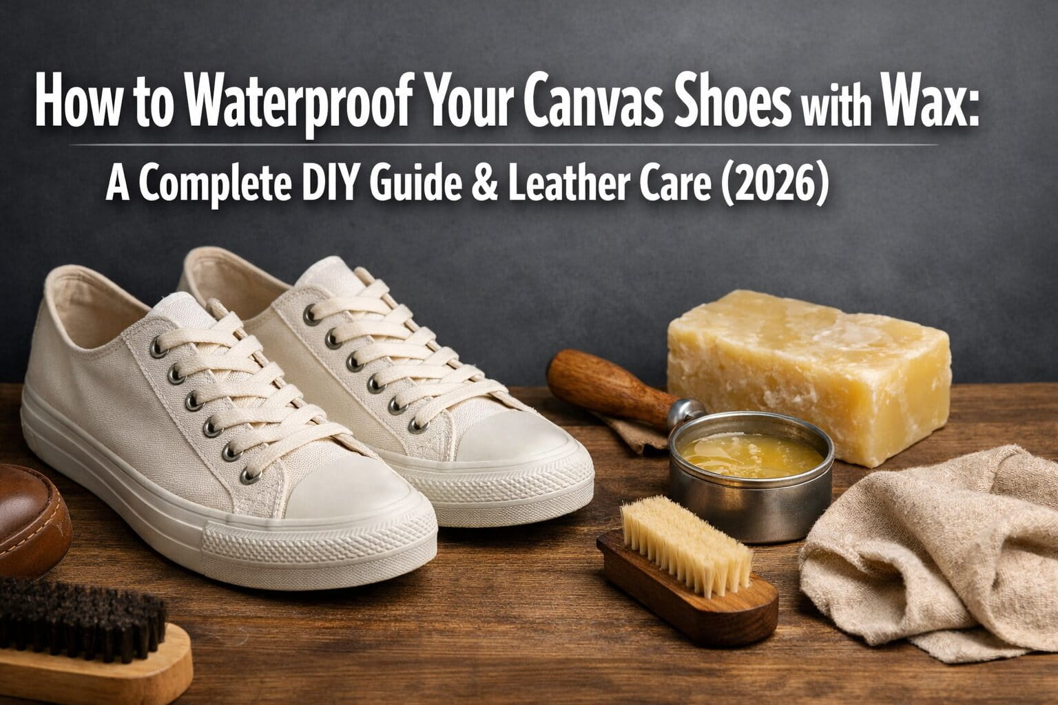 A pair of canvas sneakers being waterproofed using a block of beeswax and a hairdryer