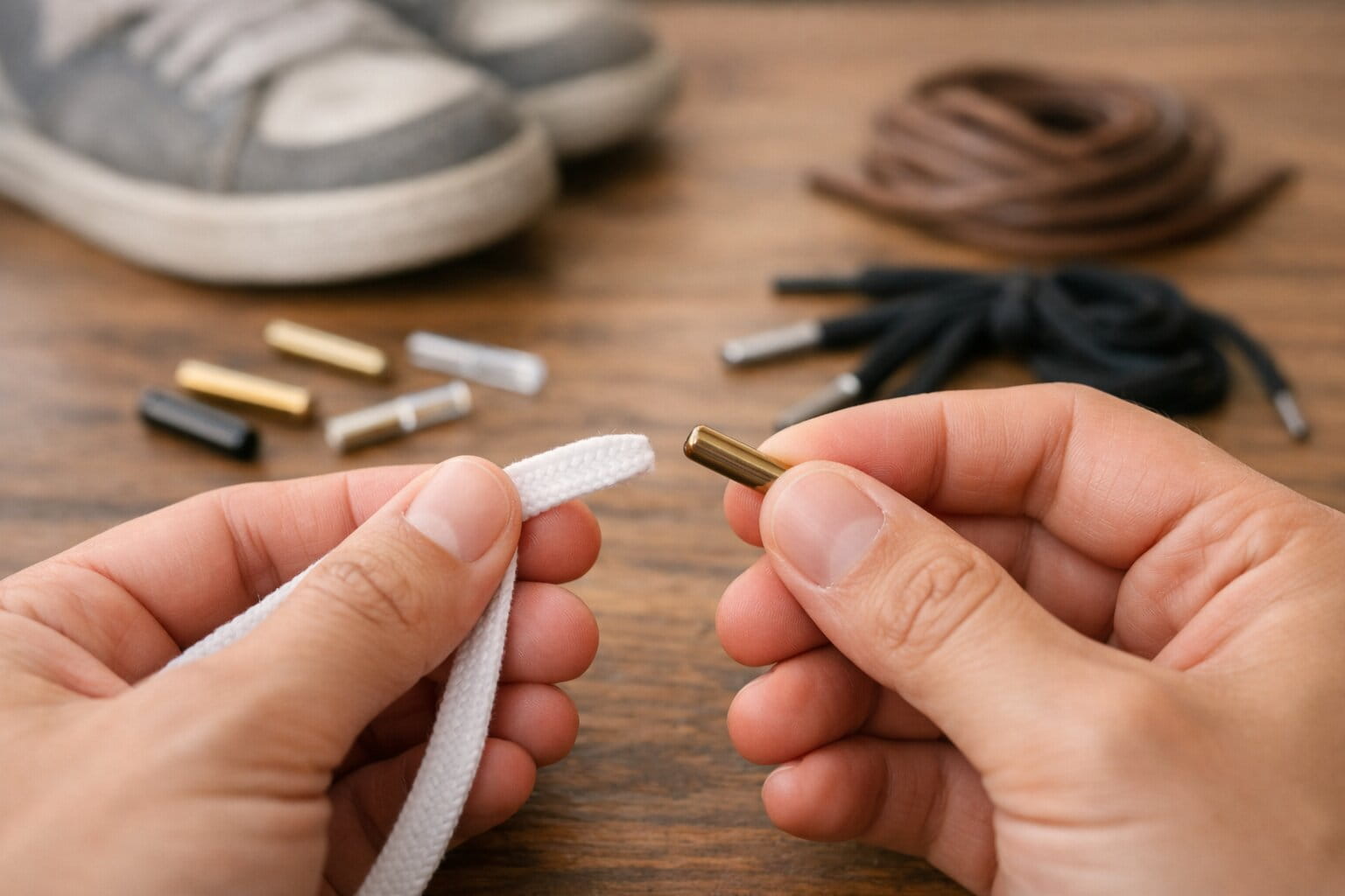 What is an Aglet? The Complete Shoelace Tip History & Buyer's Guide (2026) 1 Close-up of a premium metal aglet on the tip of a woven shoelace, properly threaded through a sneaker eyelet.