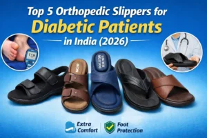 Close-up of a person wearing soft orthopedic diabetic slippers on a hardwood floor