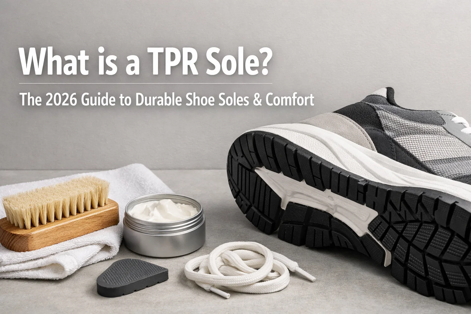 Close up of a durable TPR sole on a casual walking shoe showing the anti-slip tread pattern.