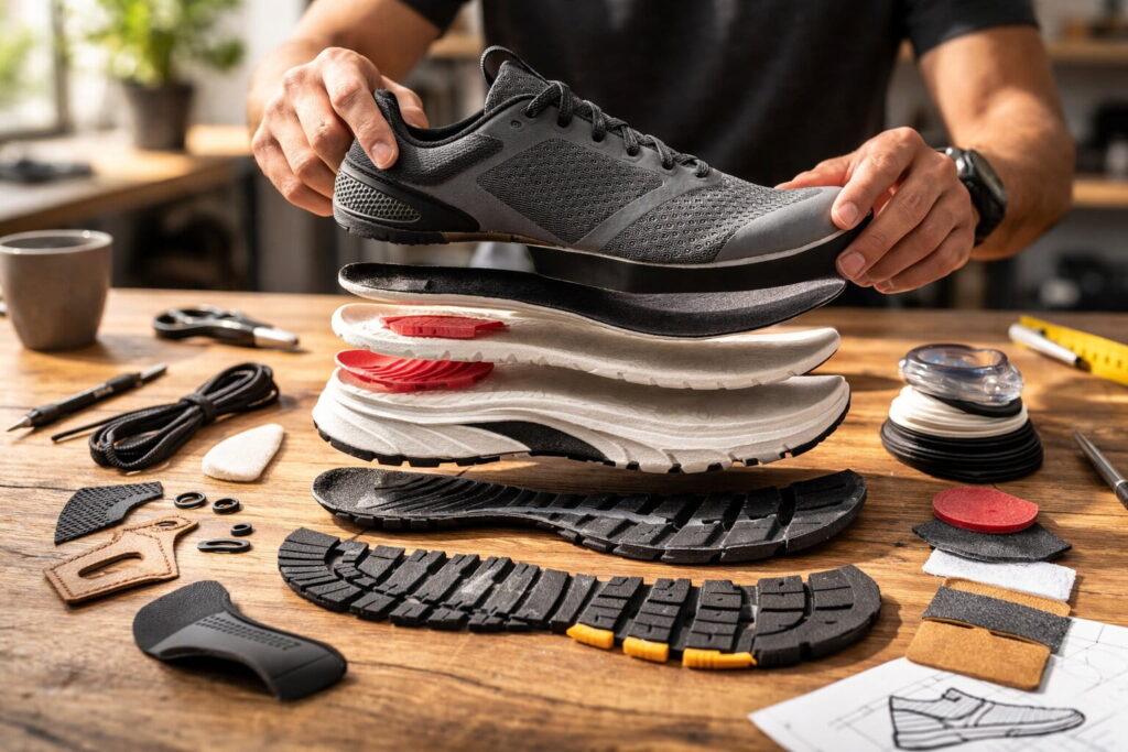 A detailed diagram illustrating the complete anatomy of a shoe, highlighting essential parts like the upper, midsole, outsole, vamp, and collar.