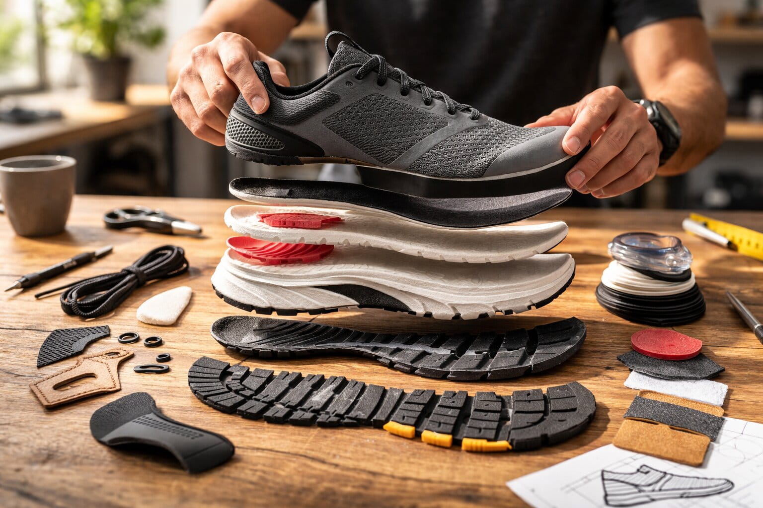 A detailed diagram illustrating the complete anatomy of a shoe, highlighting essential parts like the upper, midsole, outsole, vamp, and collar.