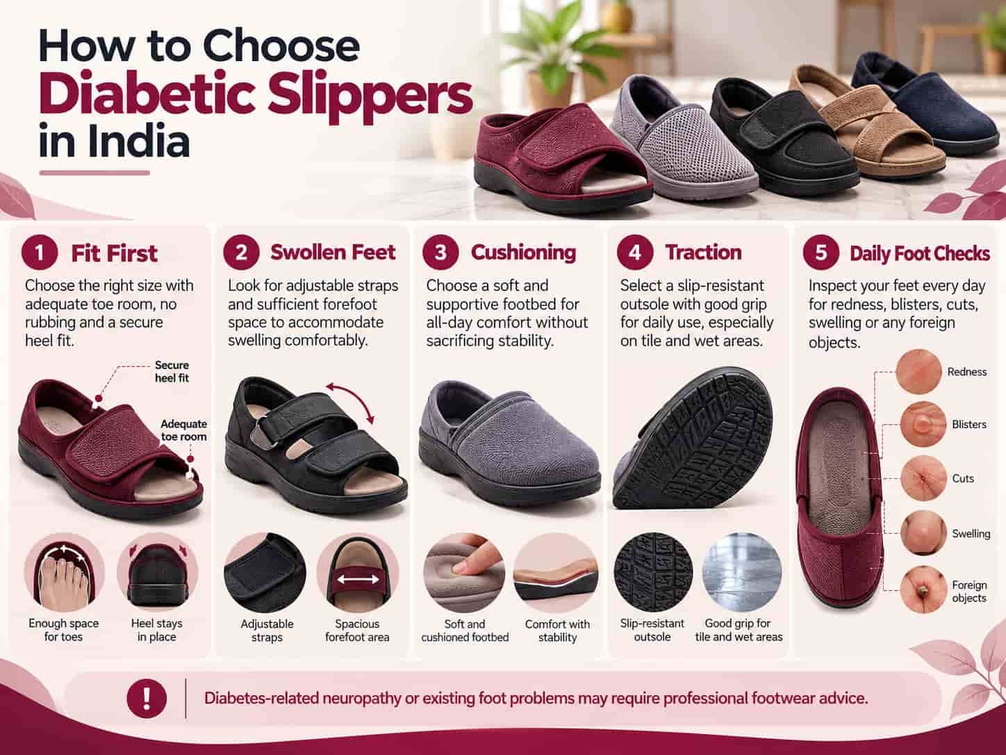 Comparison of five diabetic slippers in India by fit cushioning adjustability and everyday use