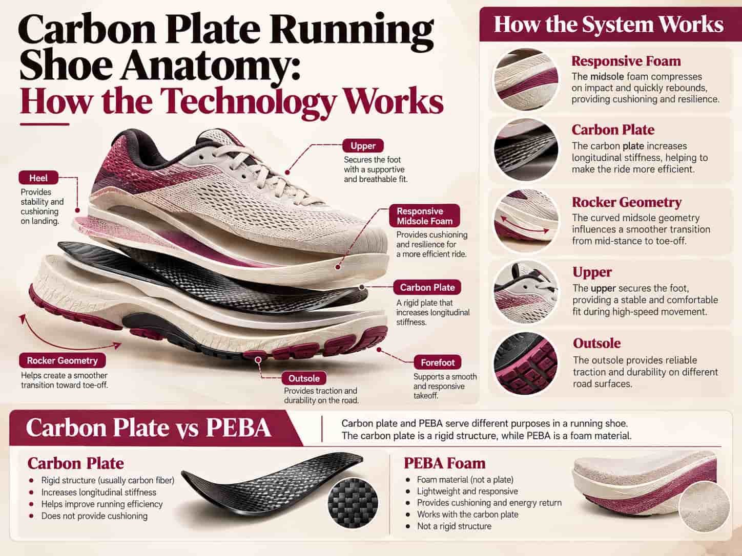 Carbon plate running shoe anatomy showing plate, foam, rocker and outsole