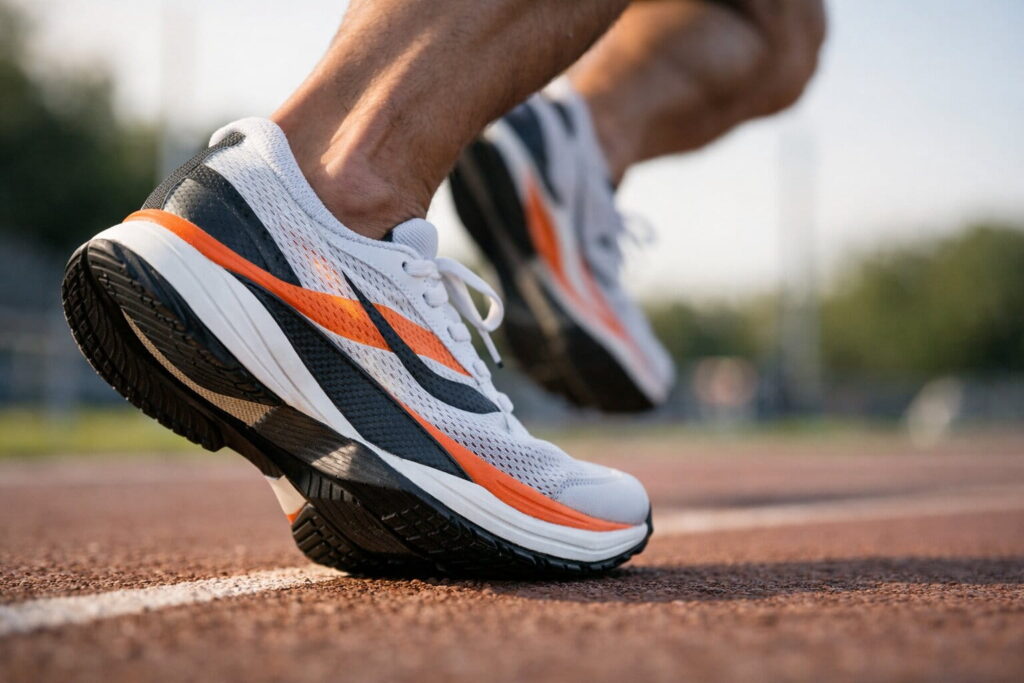 carbon plate running shoes A close-up profile of modern carbon plate running shoes highlighting the thick PEBA foam midsole and curved rocker sole.