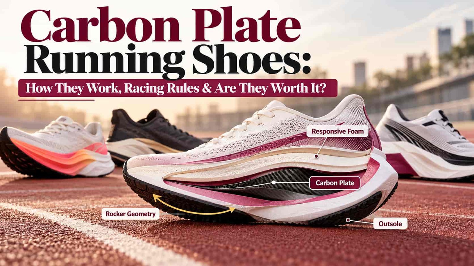 Carbon plate running shoes with thick responsive midsole and rocker geometry