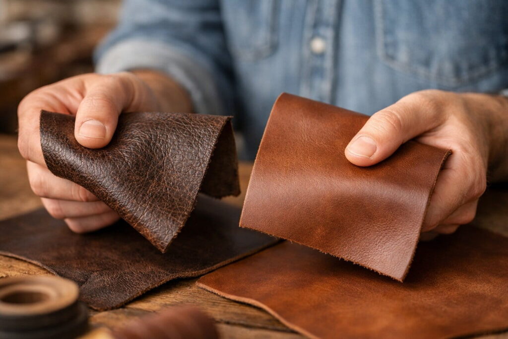 Close-up comparison of natural full-grain leather texture next to smooth, sanded top-grain leather on a pair of shoes.