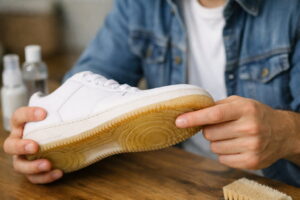 Close-up of a white sneaker showing a yellowed icy sole, illustrating the natural process of oxidation on shoes.