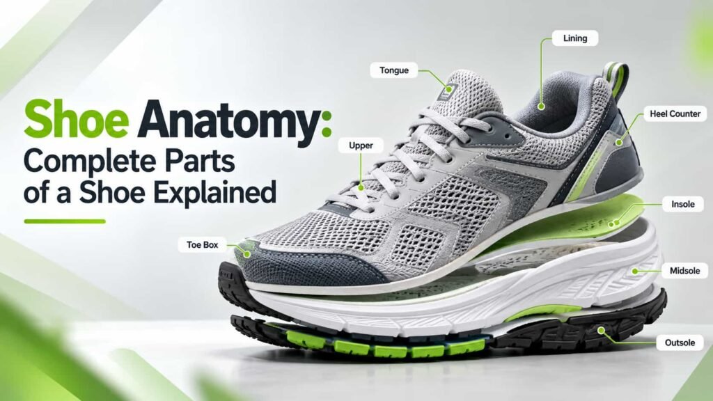 Shoe anatomy diagram showing upper, vamp, tongue, midsole, outsole and other shoe parts