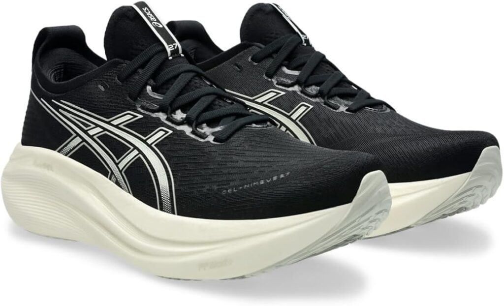 ASICS Gel-Nimbus 27 men's running shoe in Black/Lake Grey featuring PureGEL technology in heel, FF BLAST PLUS ECO foam midsole, and engineered jacquard mesh for breathable plantar fasciitis support