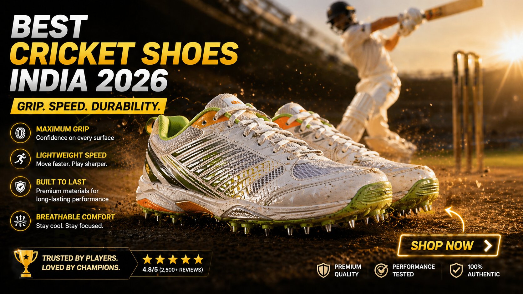 Premium cricket shoes on Indian pitch during golden hour with spikes grip, lightweight design and durability – best cricket shoes India 2026