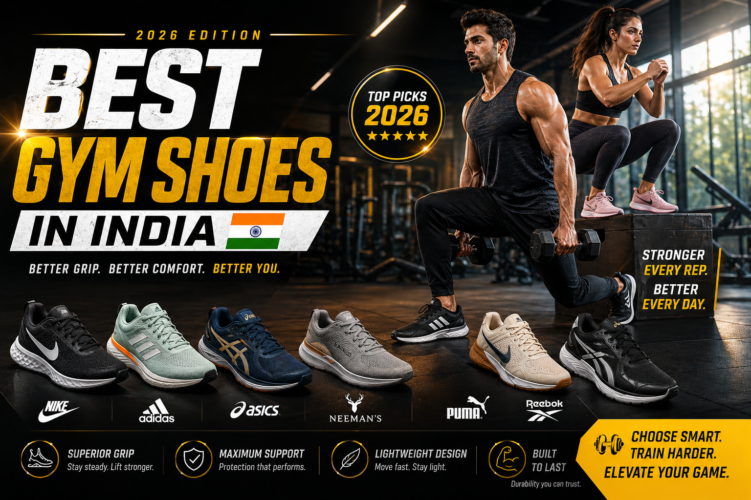 A premium gym scene featuring a fit man and woman working out with dumbbells and box jumps, showcasing top gym shoes from brands like Nike, Adidas, ASICS, Neeman’s, Puma, and Reebok. The image highlights “Best Gym Shoes in India 2026” with a lineup of athletic footwear designed for grip, comfort, durability, and performance in a modern fitness environment.