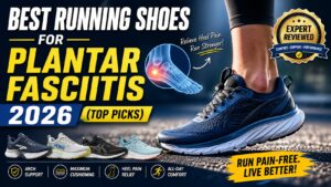 Best Running Shoes for Plantar Fasciitis 2026 (Top Picks) 17 Best Running Shoes for Plantar Fasciitis 2026 - Expert Tested Arch Support Footwear Side-by-side comparison of top-rated running shoes for plantar fasciitis relief, including Brooks Ghost 17, Hoka Clifton 10, and ASICS Gel-Nimbus 27, displayed on neutral background with arch support diagrams