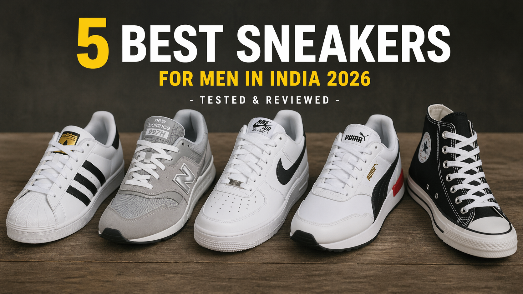 A lineup of the 5 best sneakers for men in India for 2026, featuring casual styles from Nike, New Balance, and Skechers.