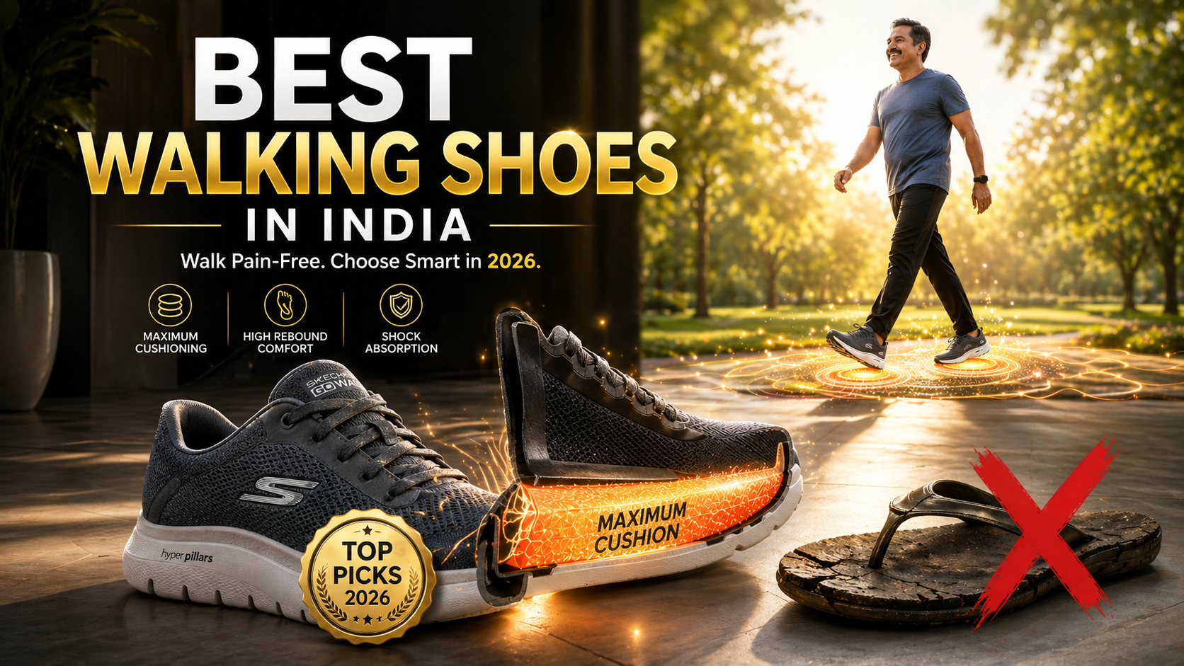 Premium walking shoes with maximum cushioning and shock absorption displayed on a modern floor, compared with a worn-out chappal, highlighting the best walking shoes in India 2026 for pain-free comfort