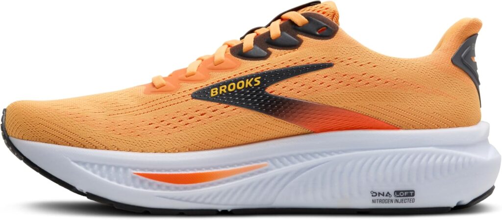 Brooks Ghost 17 men's running shoe in Blazing Orange colorway showing DNA LOFT v3 midsole cushioning, engineered mesh upper, and APMA Seal of Acceptance badge for plantar fasciitis relief