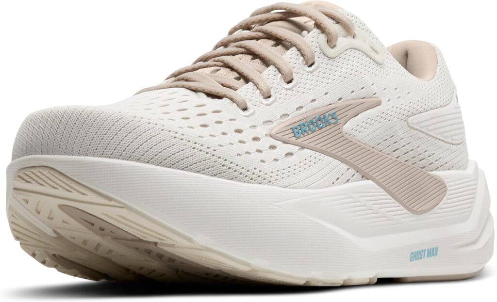 Brooks Ghost Max 3 women's running shoe in Coconut/Chateau Grey showing high-stack DNA LOFT v3 cushioning, extended crash pad, and roomy orthotic-compatible fit for severe plantar fasciitis