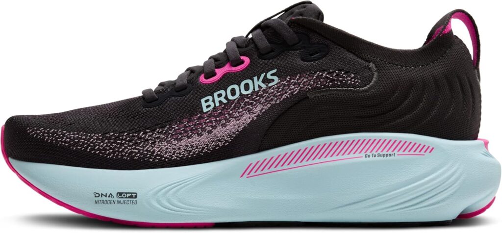 Woman walking in Brooks Adrenaline GTS 25 showing GuideRails support and DNA LOFT v3 cushioning for all-day comfort