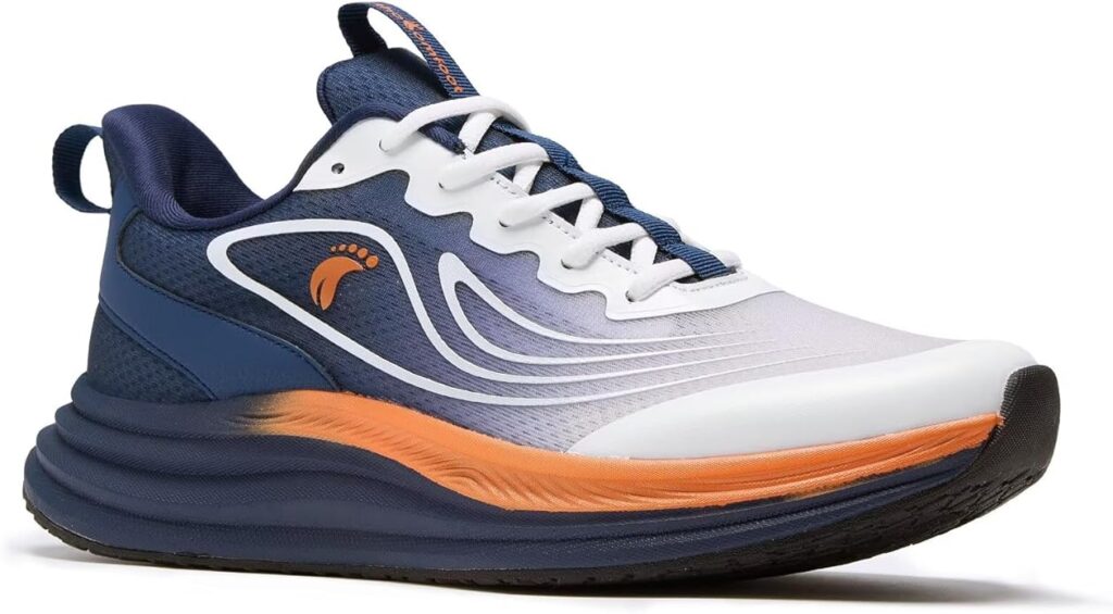 Men's orthopedic road running sneakers in dark blue showing removable three-point ergonomic arch support insole, wide toe box, and anti-slip EVA midsole for affordable plantar fasciitis relief