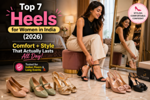 7 Best Heels for Women in India 2026 (Tested & Reviewed) 22 Indian woman trying stylish high heels at home with multiple heel types displayed, featuring block heels, stilettos, and platform heels for comfort and fashion in 2026
