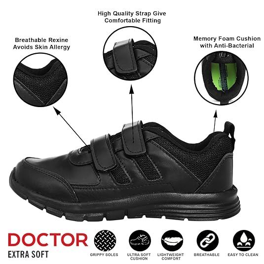 Doctor Extra Soft memory foam black school shoes, expert-recommended orthopedic school shoes for Indian kids with flat feet or heel pain.