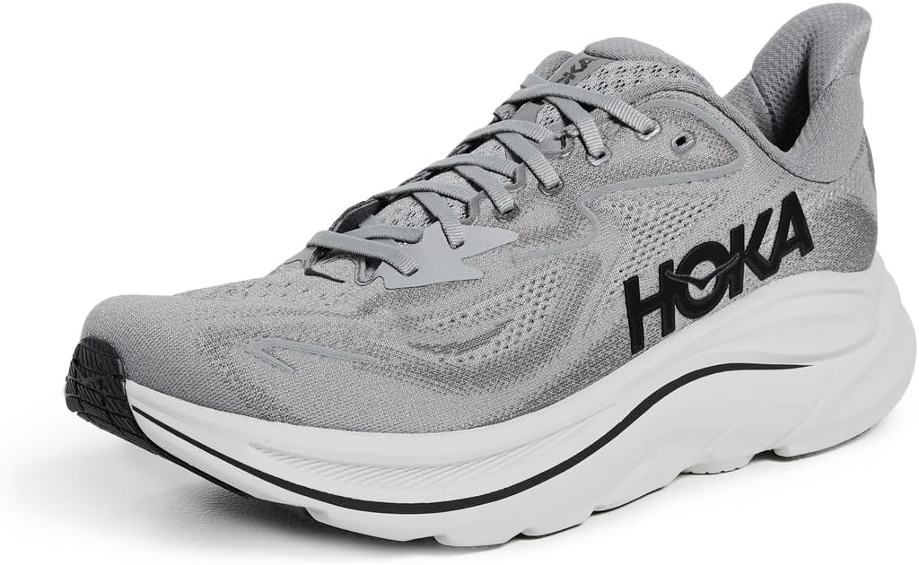 Hoka Clifton 10 men's running shoe in Galactic Grey showing compression-molded EVA midsole, Meta-Rocker geometry, and wide base designed to absorb impact for plantar fasciitis and heel pain