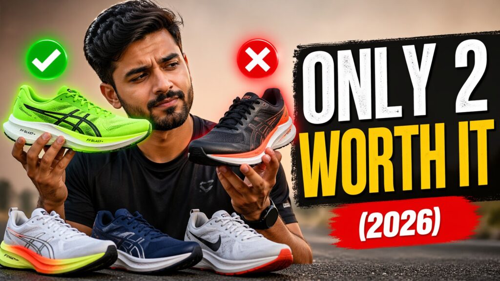Indian shoe store owner holding a pair of running shoes outdoors, testing the best running shoes in India on hard concrete roads.