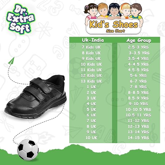 Kids shoes size chart uk and india Doctor Extra Soft memory foam black school shoes, expert-recommended orthopedic school shoes for Indian kids with flat feet or heel pain.