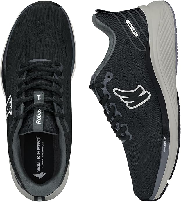 Men's walking shoes for plantar fasciitis in black showing ventilated mesh upper, removable arch support insole, wide toe box design, and heel flip collar for easy on/off with heel pain relief