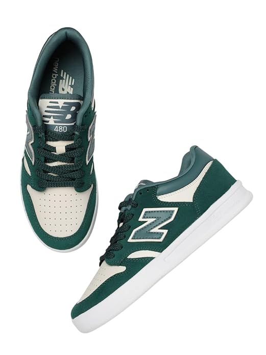 Green and white New Balance BB480 leather shoes, top-rated casual sneakers for men in India with wide feet.