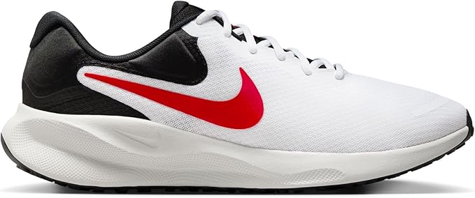Nike Mens Revolution 7 white and red running shoes, highlighting the wider forefoot ideal for Indian foot shapes.