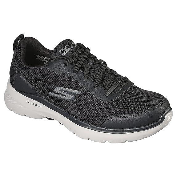 Black Skechers GO Walk 6 walking shoes for men, featuring Ultra Go cushioning and Air-Cooled Goga Mat insole. Ideal for long city walks in India.