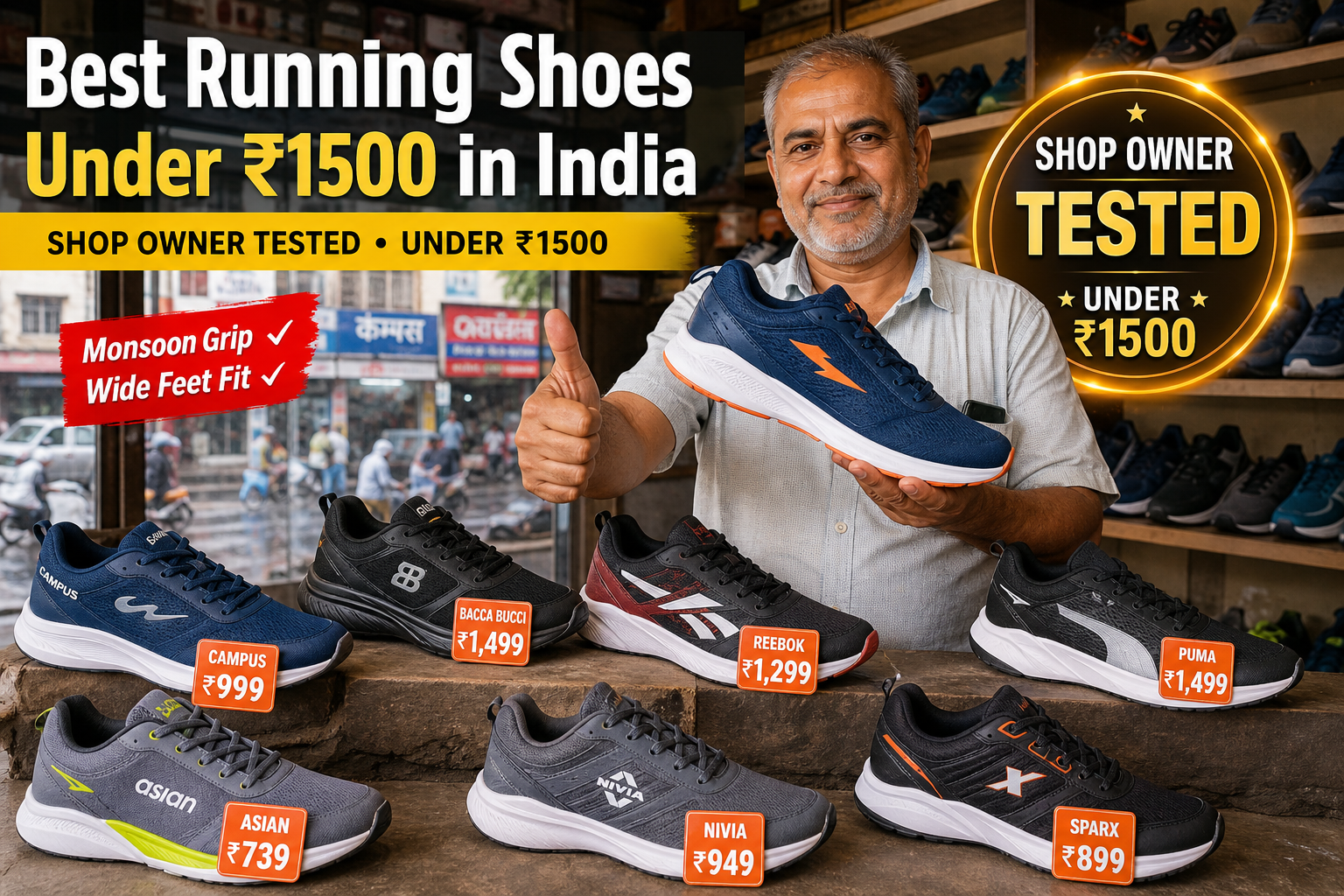 Best running shoes under ₹1500 in India featuring Campus, Puma, Reebok, Sparx, Nivia, Asian and Bacca Bucci with prices and shop owner recommendation