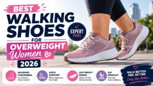Best Walking Shoes for Overweight Women 2026 (Tested) 3 Best walking shoes for overweight women 2026 featuring cushioned supportive pink sneakers designed for comfort, arch support, stability, and all-day walking
