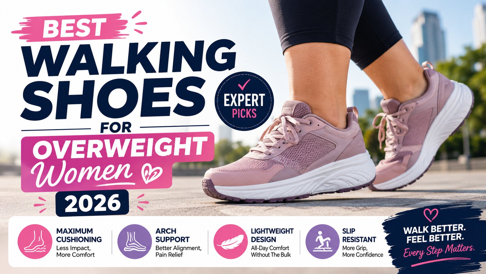 Best walking shoes for overweight women 2026 featuring cushioned supportive pink sneakers designed for comfort, arch support, stability, and all-day walking