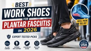 Best Work Shoes for Plantar Fasciitis 2026 (Tested) 2 Best work shoes for plantar fasciitis in 2026 featuring supportive cushioned sneakers for all-day standing and heel pain relief at work