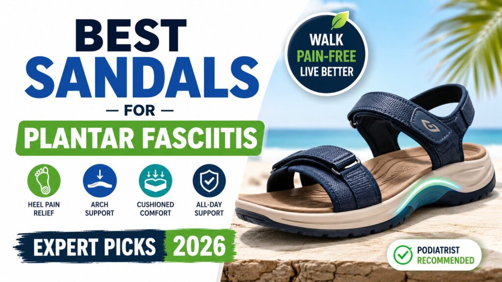 A modern orthopedic sandal displayed on a beach background with bold text reading “Best Sandals for Plantar Fasciitis 2026 – Expert Picks.” The image highlights features like heel pain relief, arch support, cushioned comfort, and all-day support, with a podiatrist recommended badge for added trust and credibility.