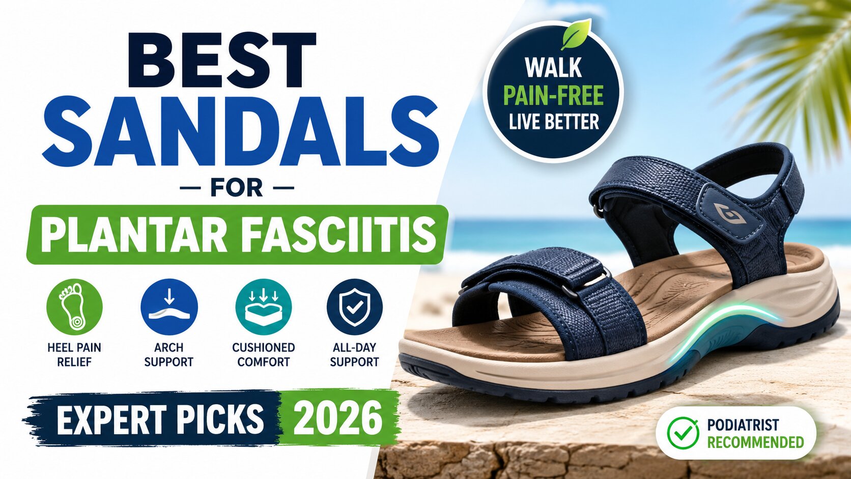 Best Sandals for Plantar Fasciitis in 2026 – Expert Picks 1 A modern orthopedic sandal displayed on a beach background with bold text reading “Best Sandals for Plantar Fasciitis 2026 – Expert Picks.” The image highlights features like heel pain relief, arch support, cushioned comfort, and all-day support, with a podiatrist recommended badge for added trust and credibility.