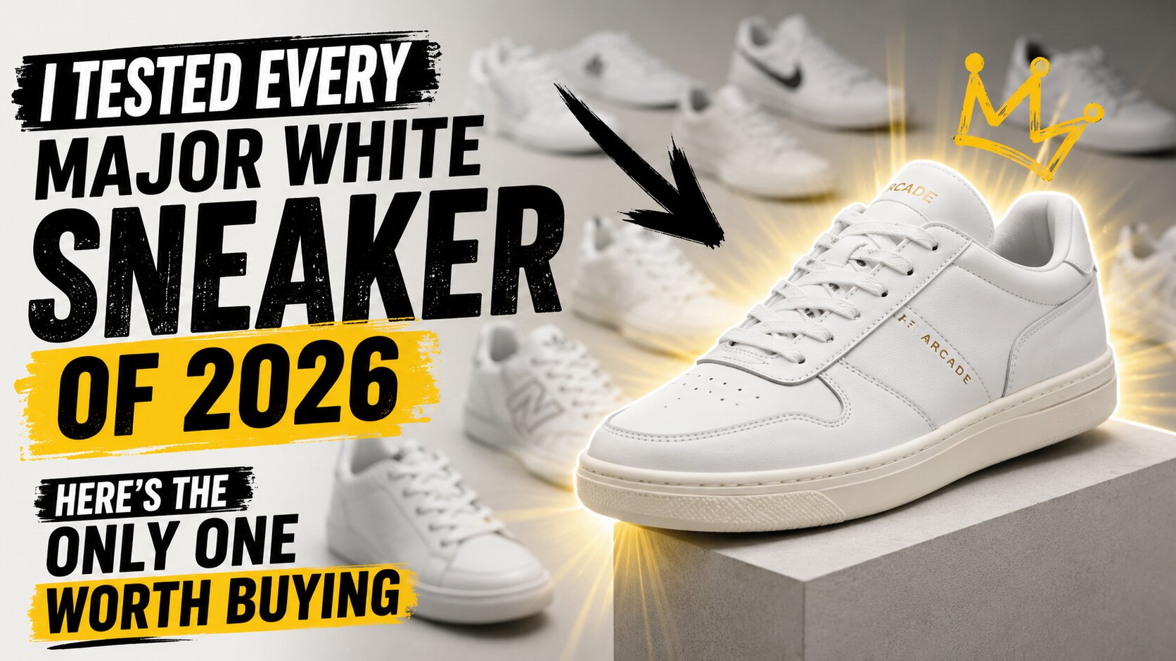 Woman stepping onto a city sidewalk wearing clean white lace-up sneakers, sunlight catching the midsole