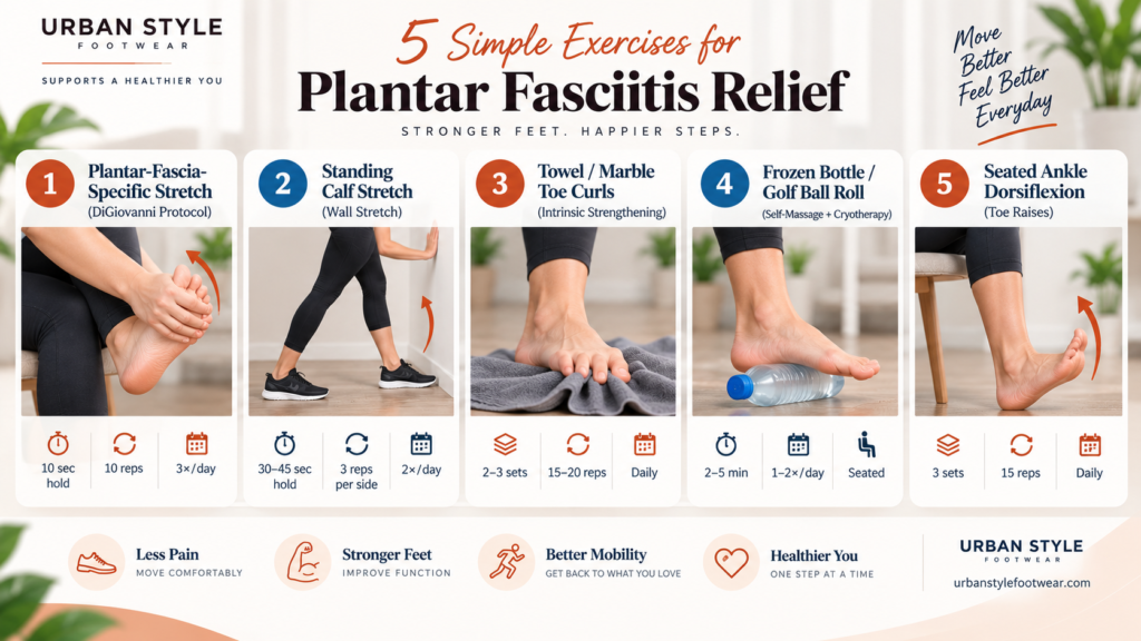 5 plantar fasciitis exercises including plantar fascia stretch, calf stretch, toe curls, foot rolling, and ankle dorsiflexion