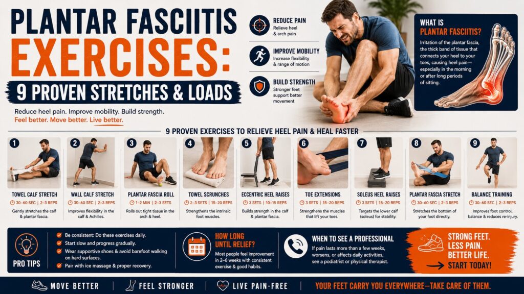 Wake up without sharp heel pain. Discover 9 highly effective, retail-tested plantar fasciitis exercises and calf stretches designed to rebuild your arch.