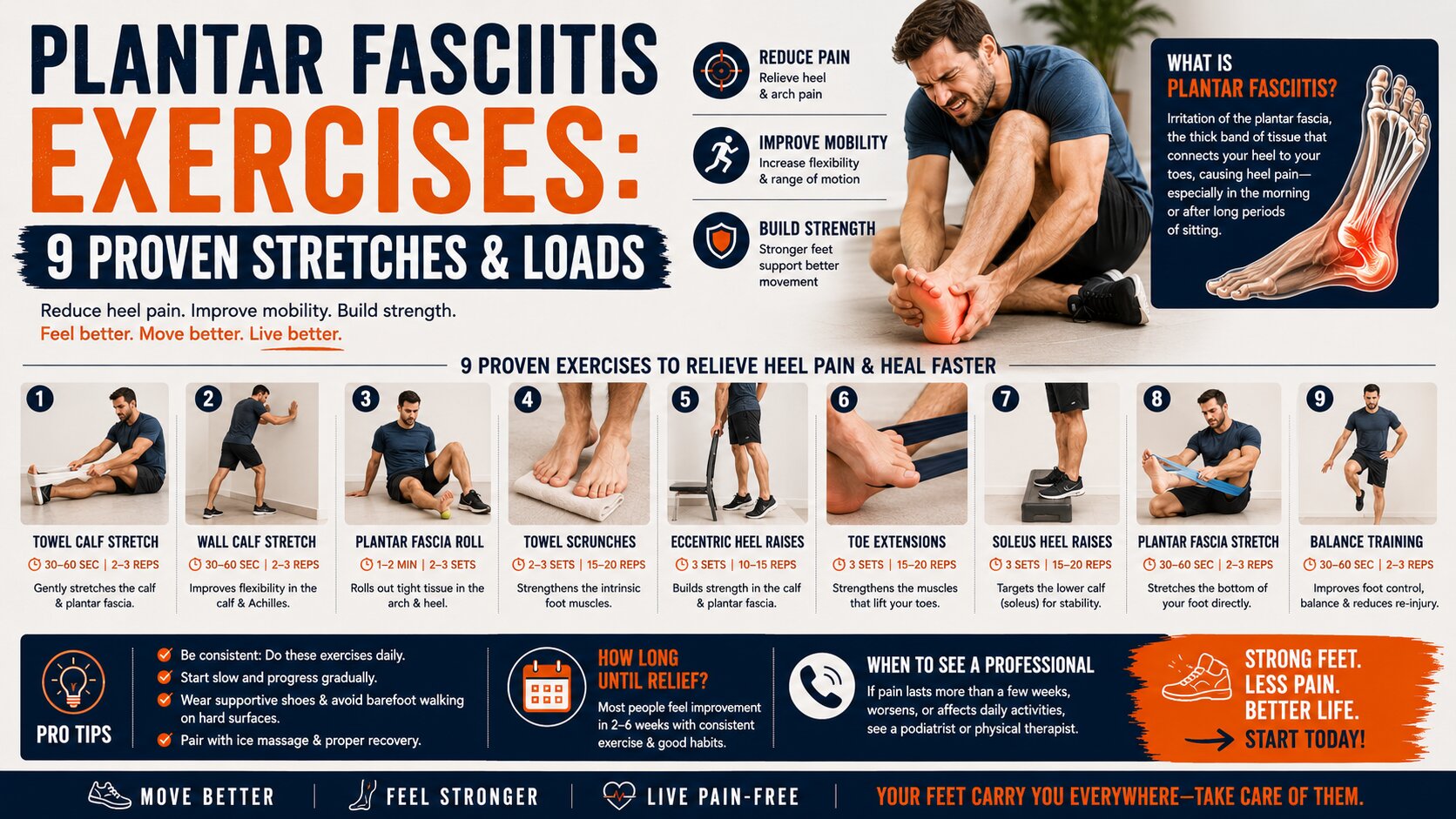 Wake up without sharp heel pain. Discover 9 highly effective, retail-tested plantar fasciitis exercises and calf stretches designed to rebuild your arch.