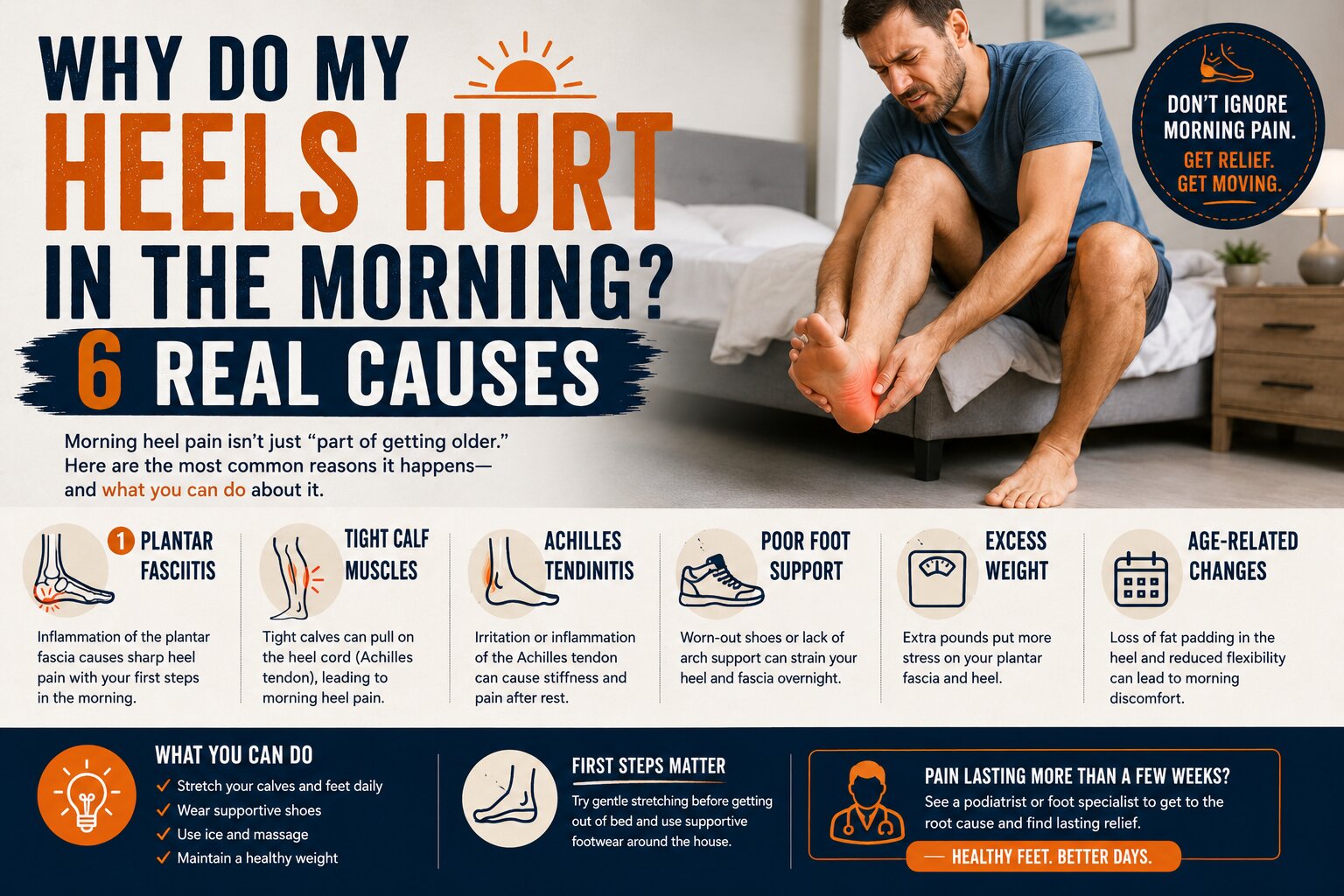 Wake up to sharp, stabbing heel pain? Discover the 6 real causes of morning heel pain, from plantar fasciitis to Achilles tightness, and how to get permanent relief.