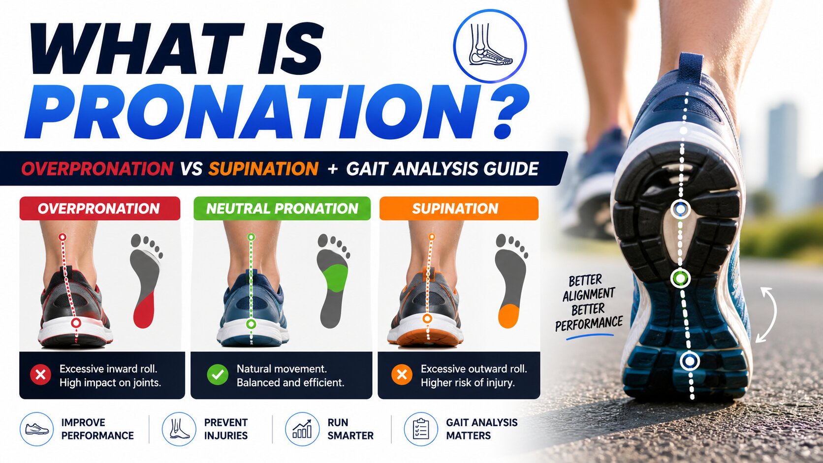 what-is-pronation-overpronation-vs-supination what is pronation. Diagram showing normal pronation vs overpronation vs supination foot strike pattern during walking and running