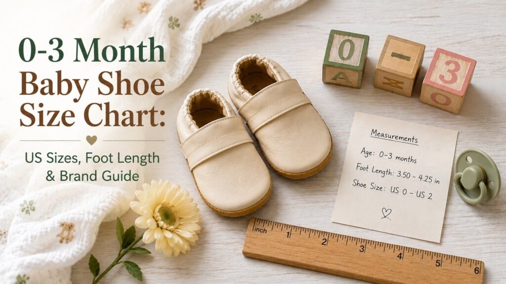 0-3 Month Baby Shoe Size Chart cover image showing beige baby shoes on a white wooden surface with a measuring ruler, handwritten foot measurement note, wooden alphabet blocks, a yellow daisy, and the title "0-3 Month Baby Shoe Size Chart: US Sizes, Foot Length & Brand Guide."